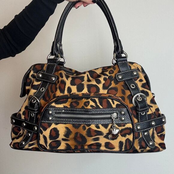 Source Unknown Handbags - Kathy Van Zeeland Vintage Y2K Leopard Print Canvas and Leather Shoulder Bag